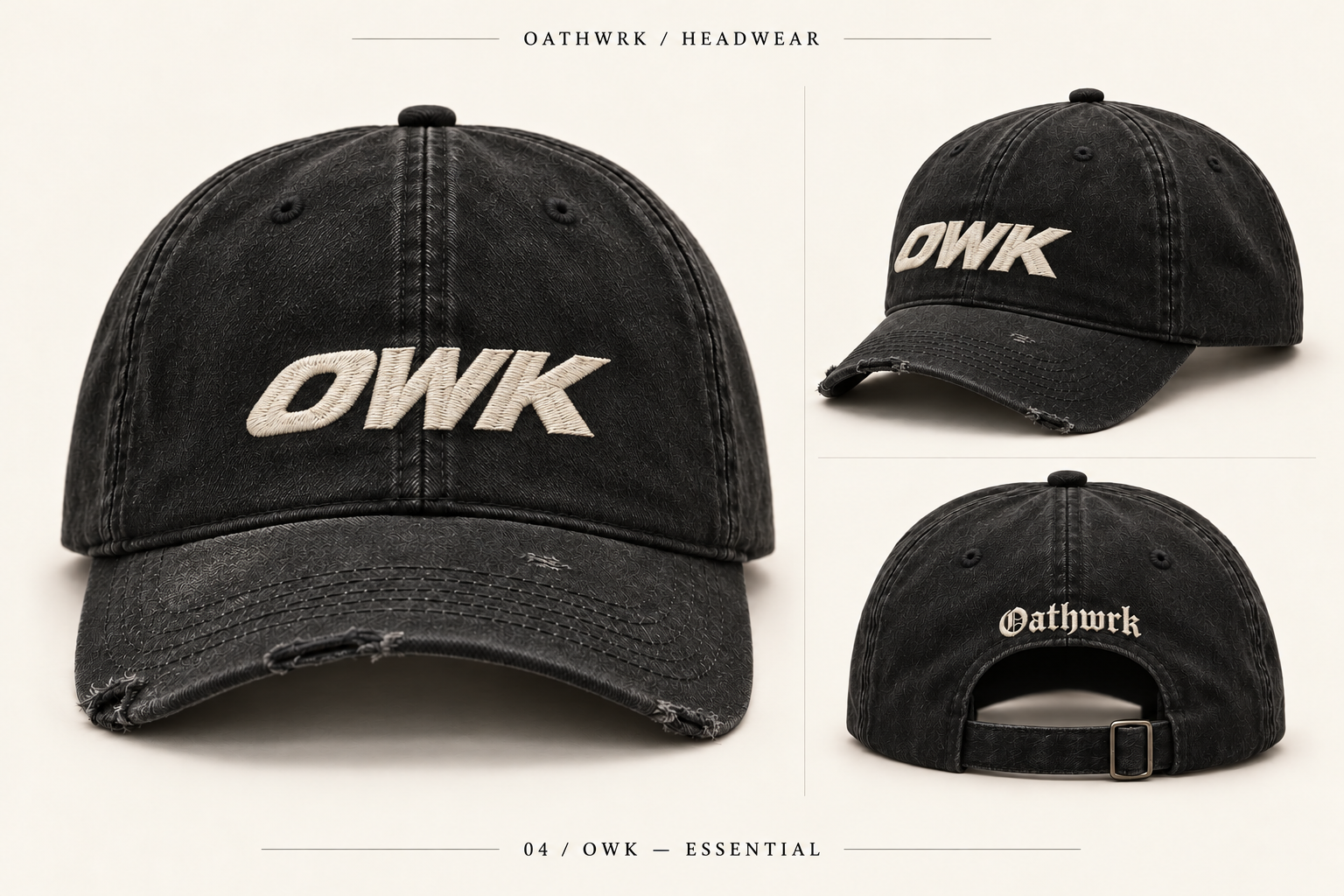 OWK Essential Cap concept, showing front embroidery, side shape, and rear lettering
