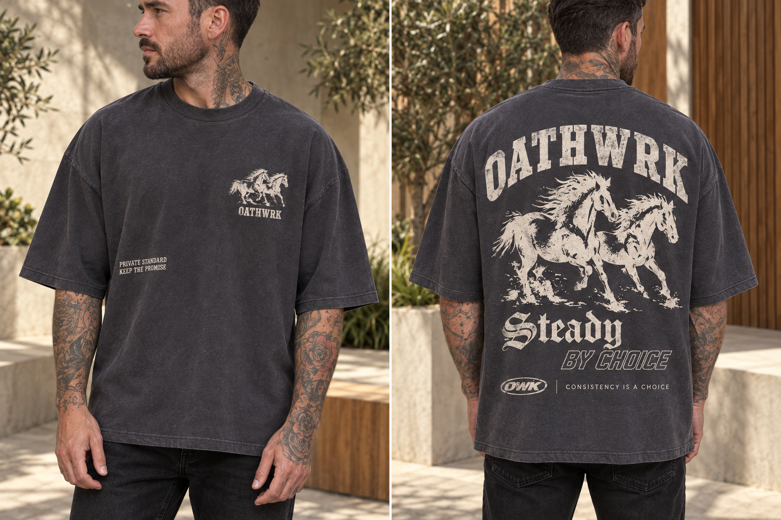 Heritage Horses tee with an expressive bone-colored horse illustration on charcoal