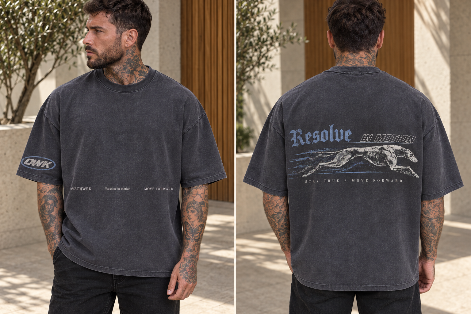 Resolve tee: an OWK sleeve print paired with small lettering across the lower front
