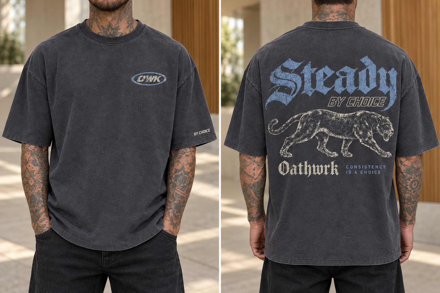 Blue Steady lettering and walking panther on a charcoal tee